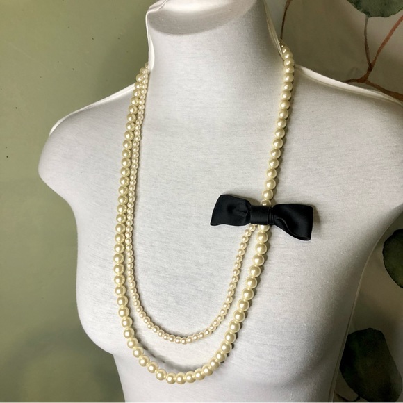 Long Double Strand Pearl Necklace with Black Bow - Picture 6 of 6